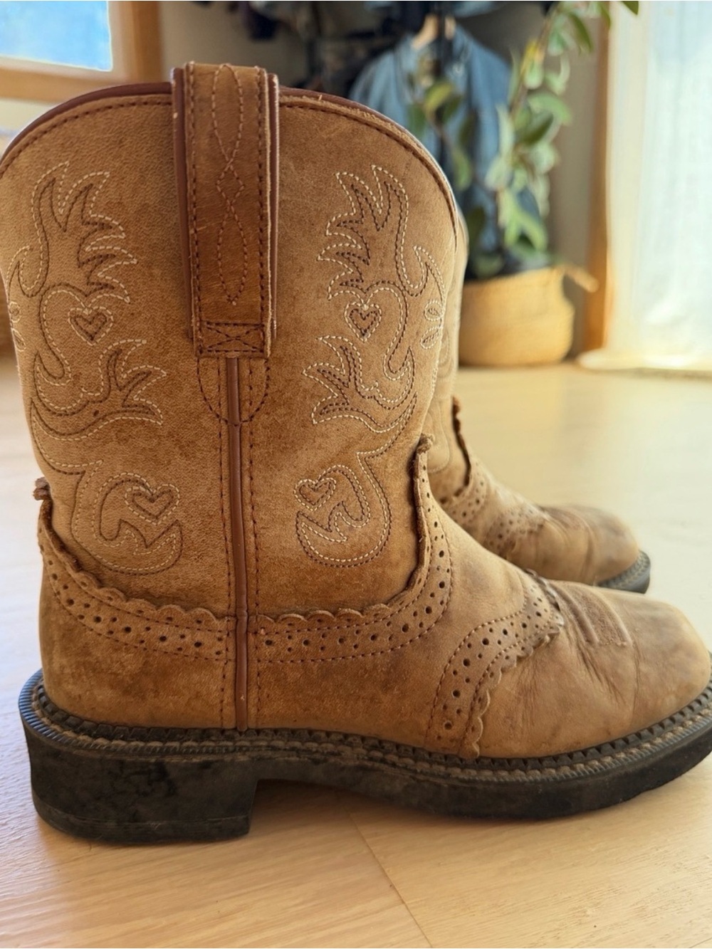 Ariat Tan Suede Western Boots with Embroidered Detailing